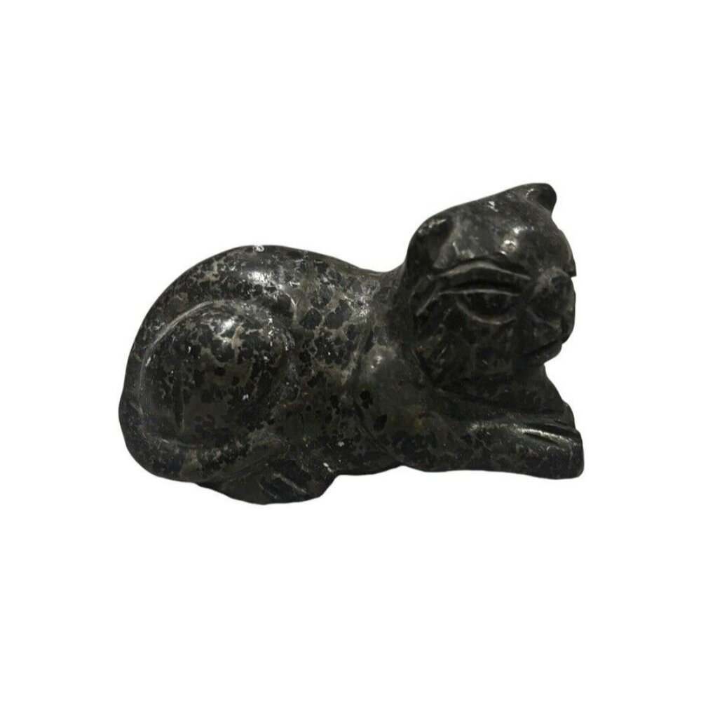 Vintage Black Soapstone Cat Figurine Trinket Kitten Hand Carved Gift